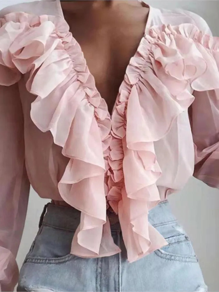 Samantha – Women's Spring/Autumn V-Neck Pleated Ruffle Blouse