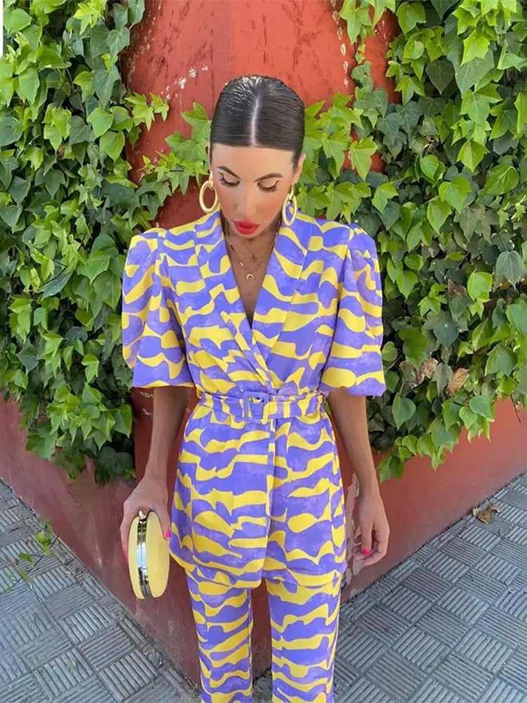 Fiore Set - Bold Yellow and Purple Printed Outfit with Puff Sleeves