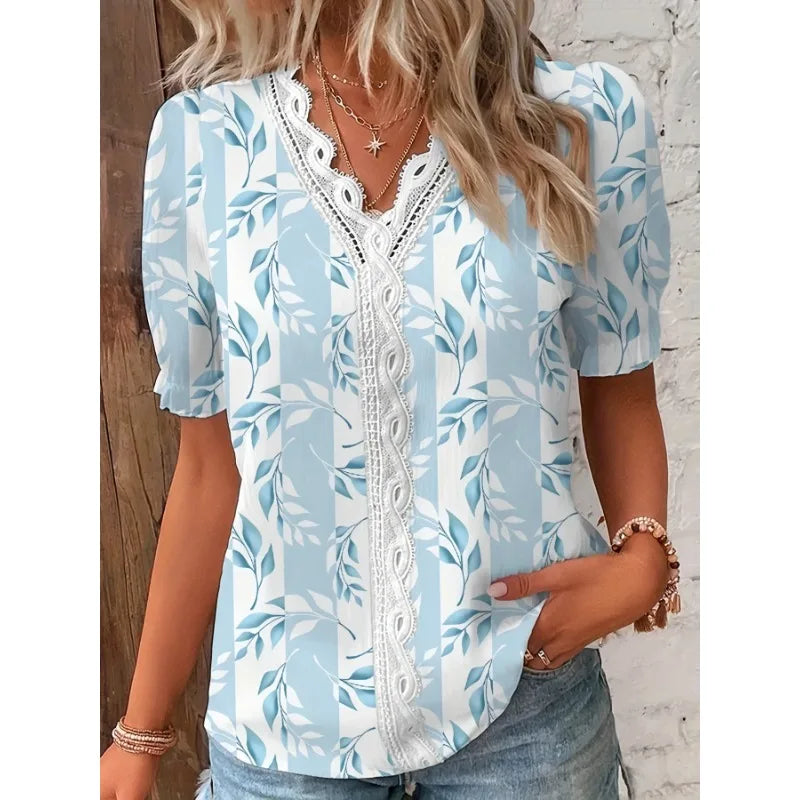 Charlotte – Women's Summer V-Neck Lace Patchwork Printed Shirt