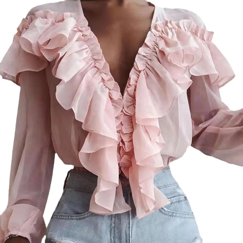 Samantha – Women's Spring/Autumn V-Neck Pleated Ruffle Blouse