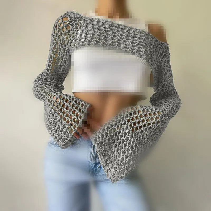 Azura - Chic Hollow Knit Crop Sweater for Women