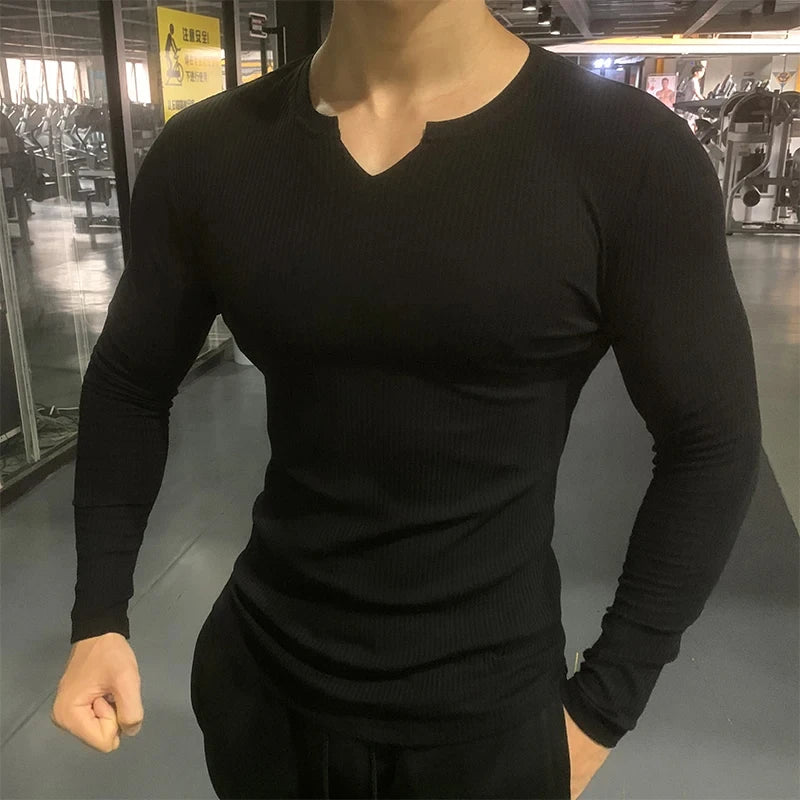 Isaac – Long Sleeve Textured V-Neck Sports T-Shirt for Men