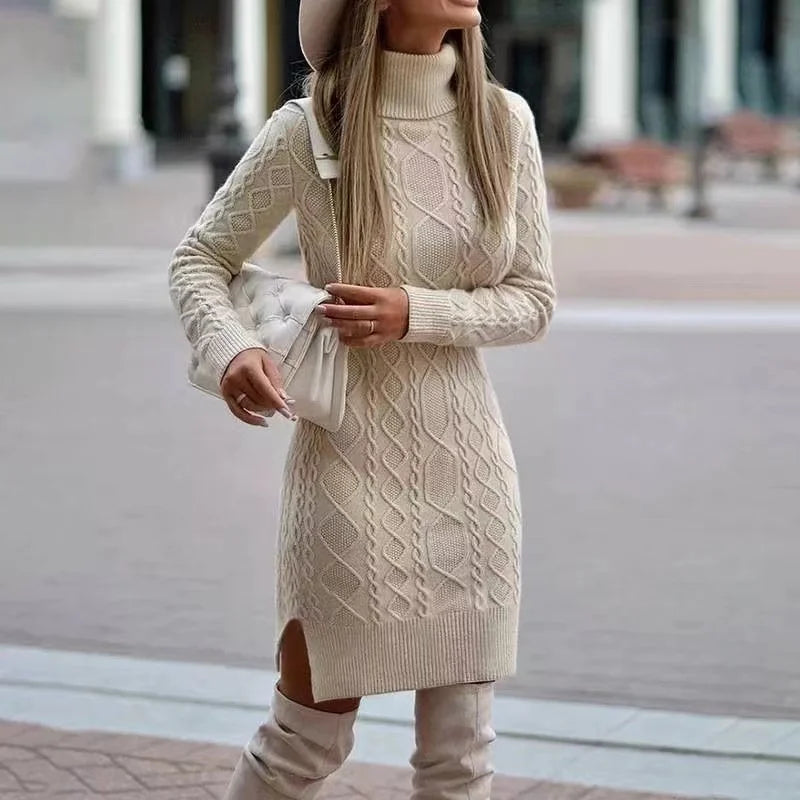 Evangeline - Elegant High Neck Knitted Sweater Dress for Women