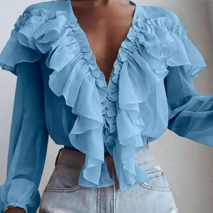 Samantha – Women's Spring/Autumn V-Neck Pleated Ruffle Blouse