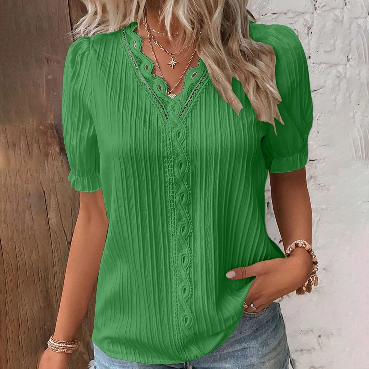 Marina - Elegant Lace V-Neck Short Sleeve Blouse for Women