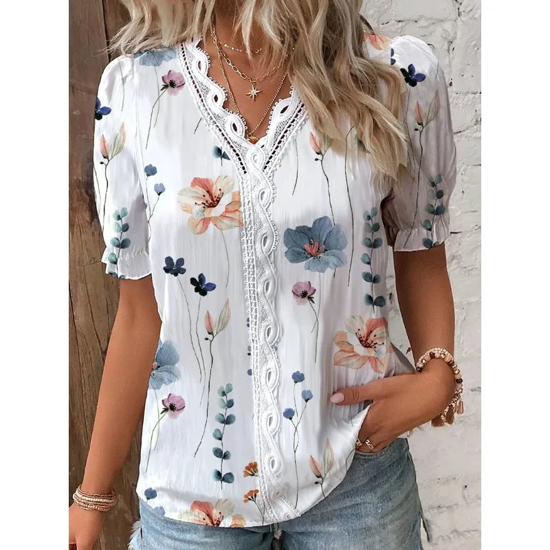 Charlotte – Women's Summer V-Neck Lace Patchwork Printed Shirt