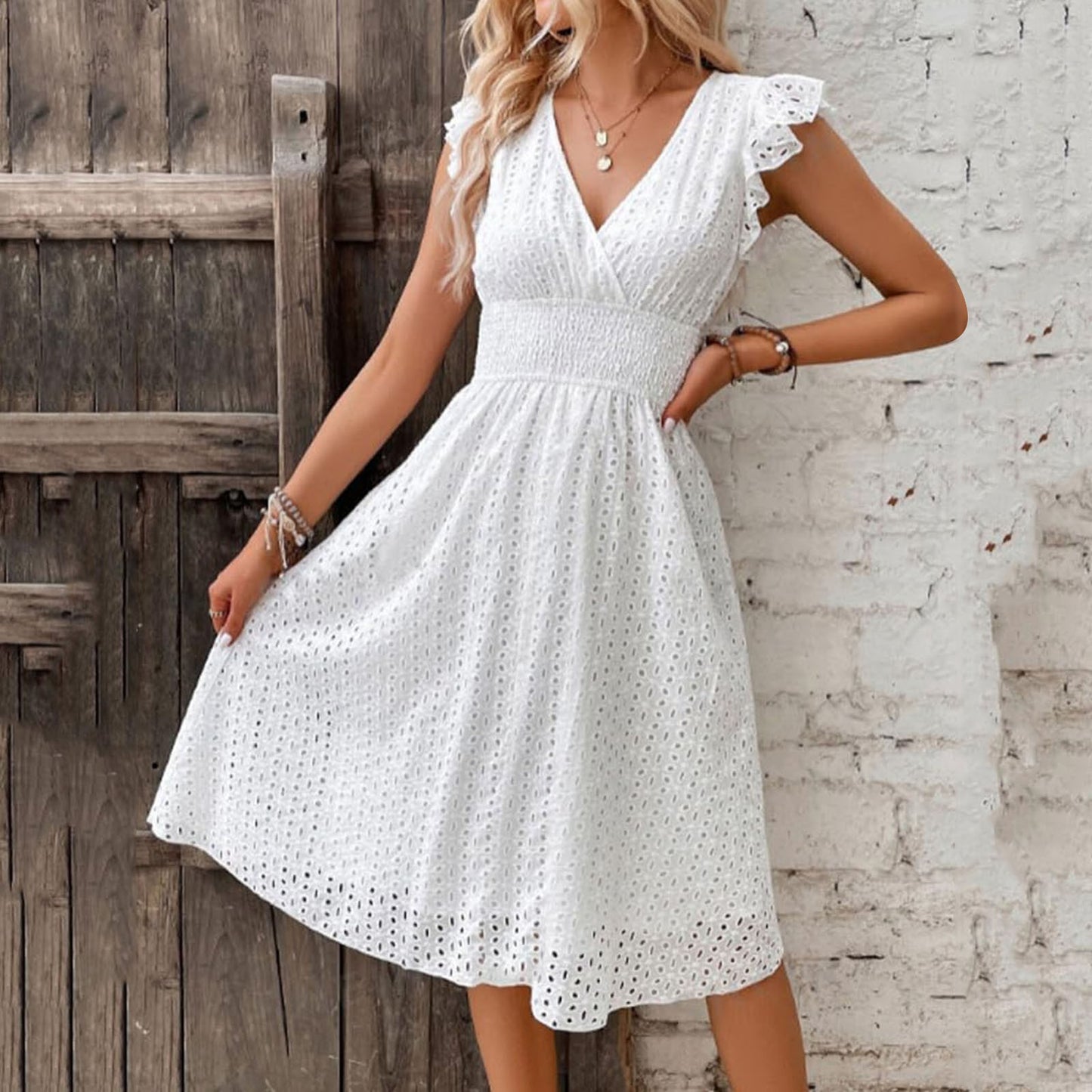 Nora – Women's Eyelet Lace Embroidered A-Line Midi Dress for Summer