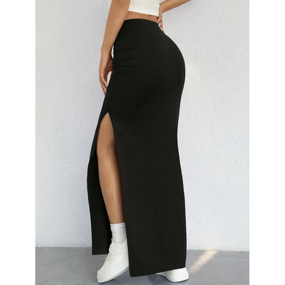 Amara - Sleek Side Slit Maxi Skirt in Black - Women's