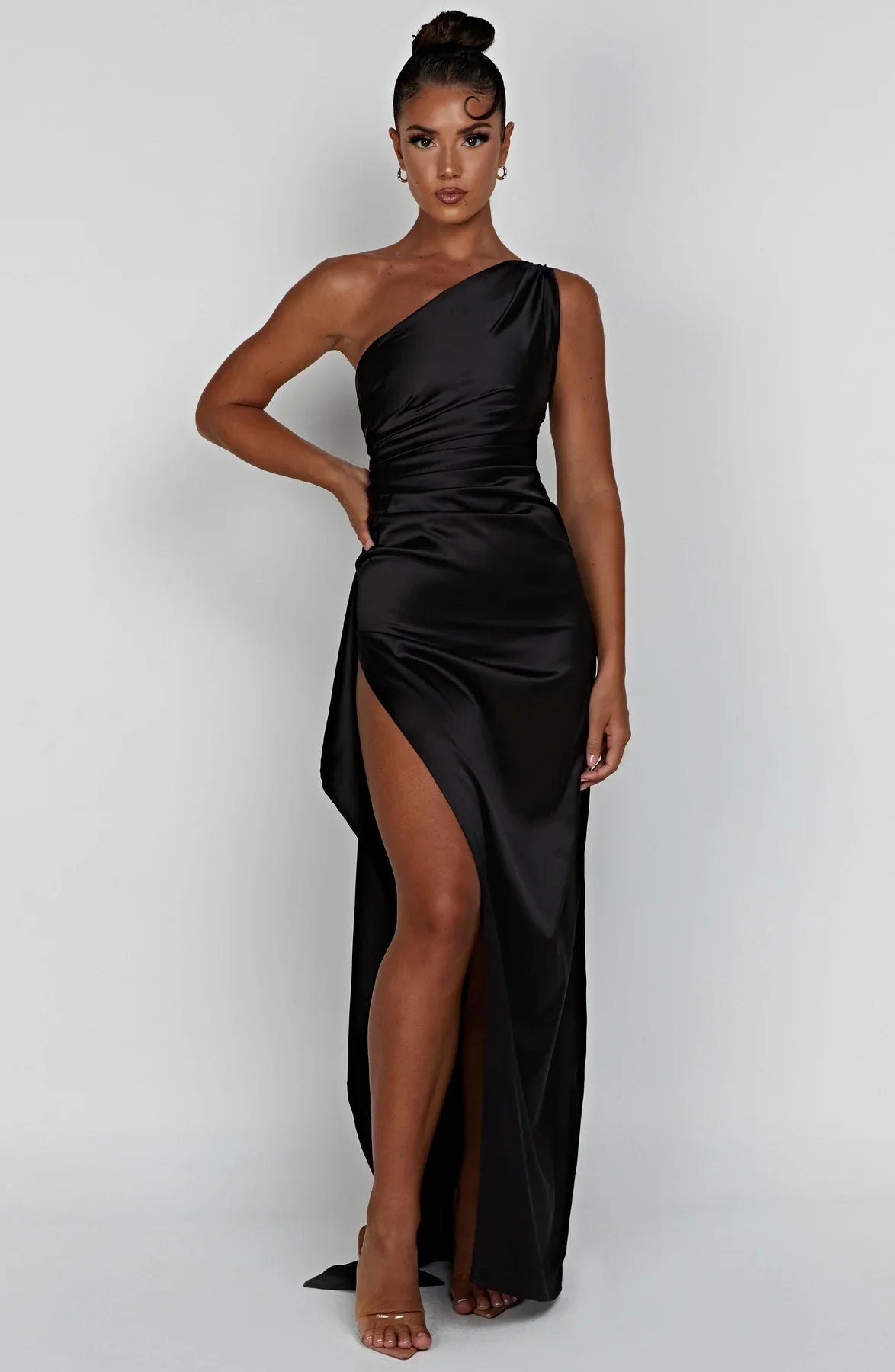 Amaris - One Shoulder Pleated Split Satin Dress