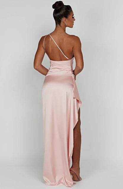 Amaris - One Shoulder Pleated Split Satin Dress