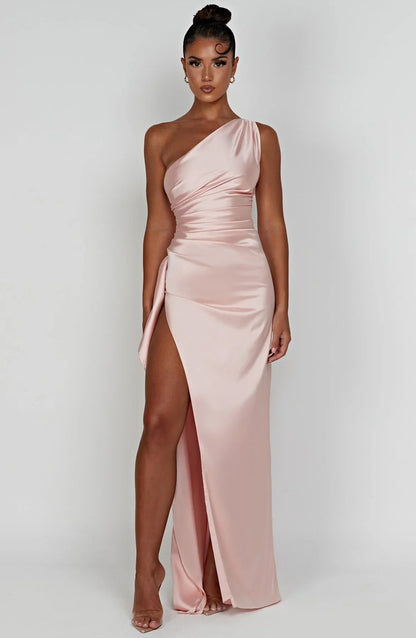 Amaris - One Shoulder Pleated Split Satin Dress