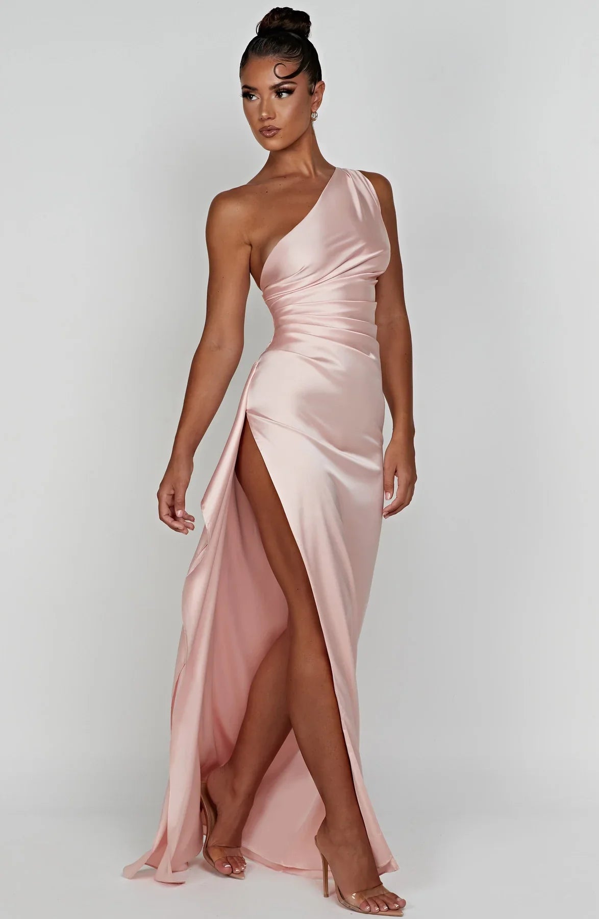 Amaris - One Shoulder Pleated Split Satin Dress