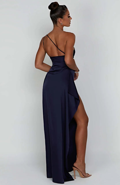 Amaris - One Shoulder Pleated Split Satin Dress