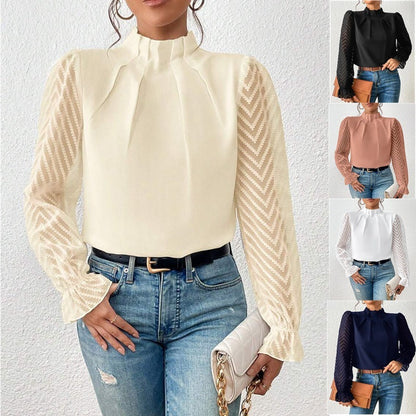 Jane – Women's Half-Turtleneck Wavy Chiffon Long-Sleeve Top