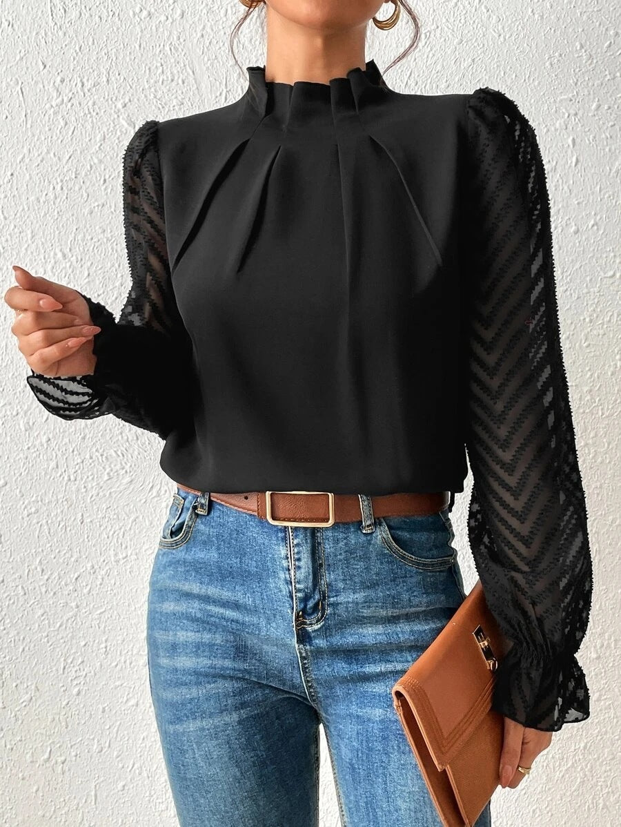 Jane – Women's Half-Turtleneck Wavy Chiffon Long-Sleeve Top