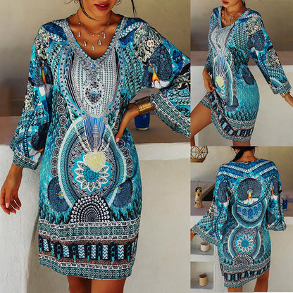 Tracy – Women's Ethnic Printed Long Sleeve V-Neck Casual Dress