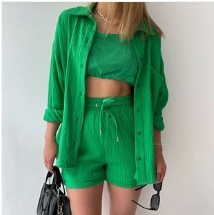 Lauren – Spring Champray Lapel Long Sleeve Shirt and High Waist Drawstring Shorts Set