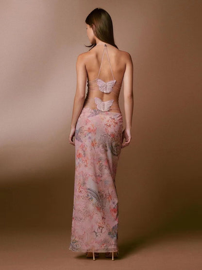 Dawn – Floral Print Halter Dress with Butterfly Back