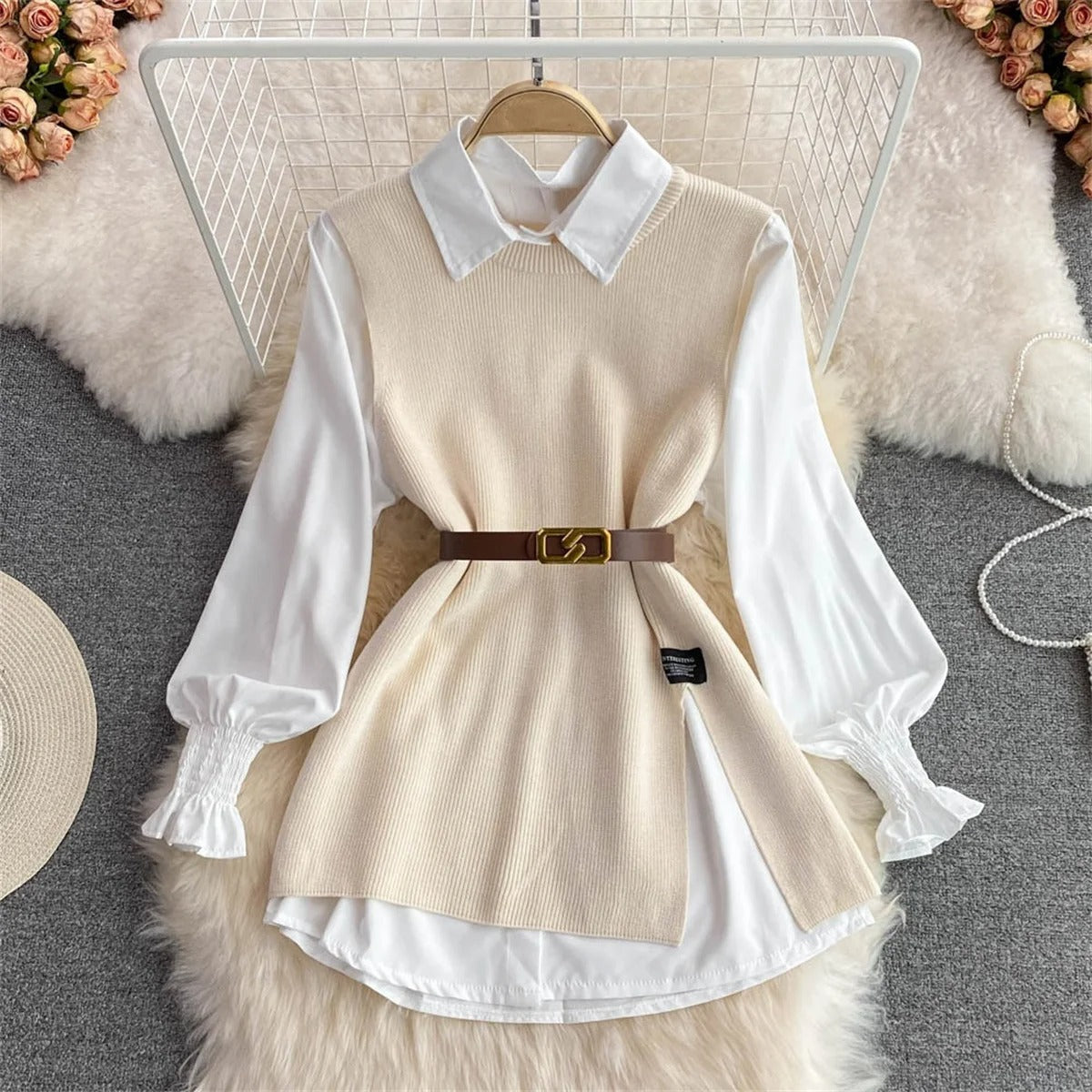 Skye - Stylish Knit Vest and Collared Shirt Set for Women