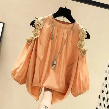 Tabitha - Trendy Orange Floral Raglan Sleeve Pullover for Women