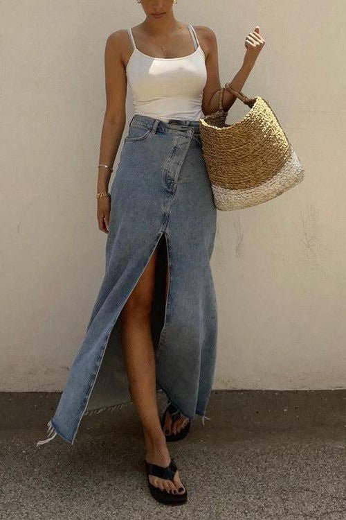 Millie-Denim Maxi Skirt with Front Slit