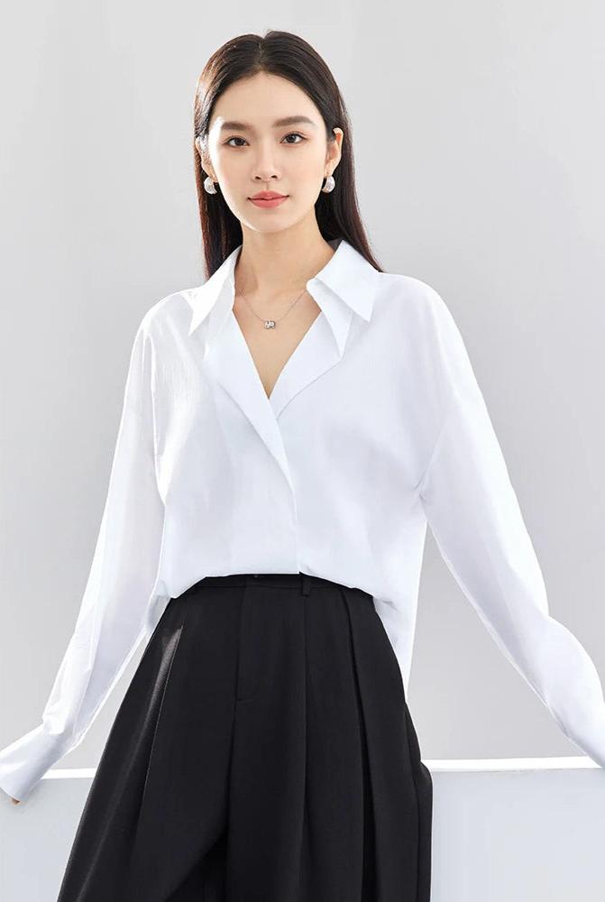 Florence - Simple Polo Collar White Blouse for Women