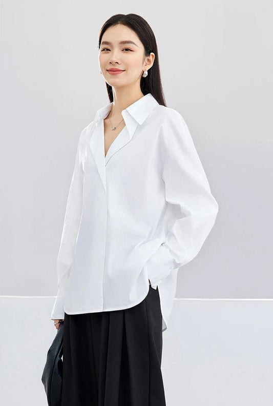 Florence - Simple Polo Collar White Blouse for Women