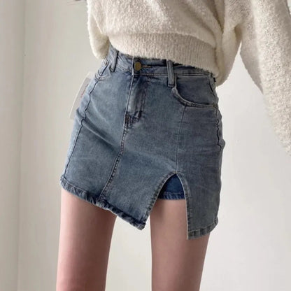 Felicity - Trendy Side Slit High Rise Denim Skirt - Women's