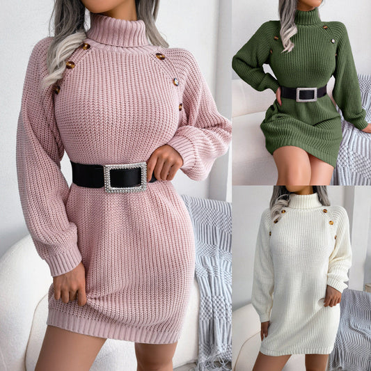 Jade – Long Turtleneck Sweater Dress with Button Design