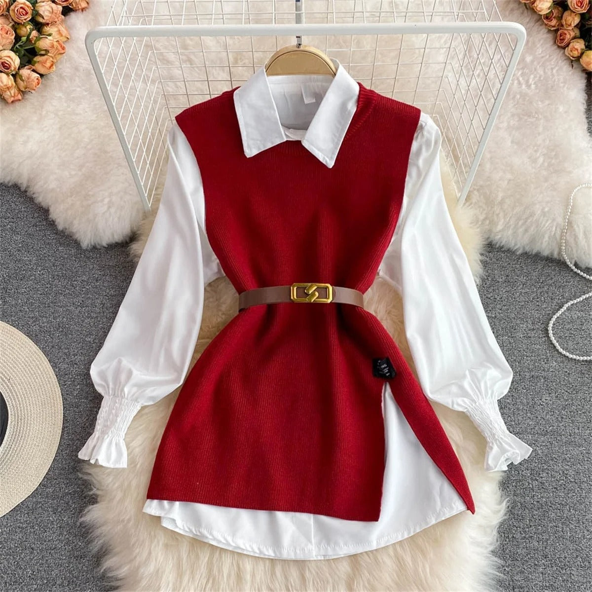 Skye - Stylish Knit Vest and Collared Shirt Set for Women