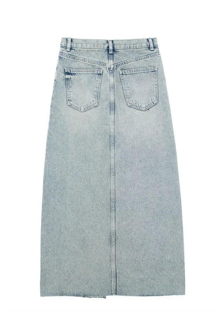 Audrey-High-Waisted Denim Skirt with Middle Split