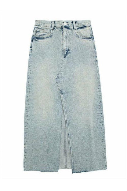 Audrey-High-Waisted Denim Skirt with Middle Split