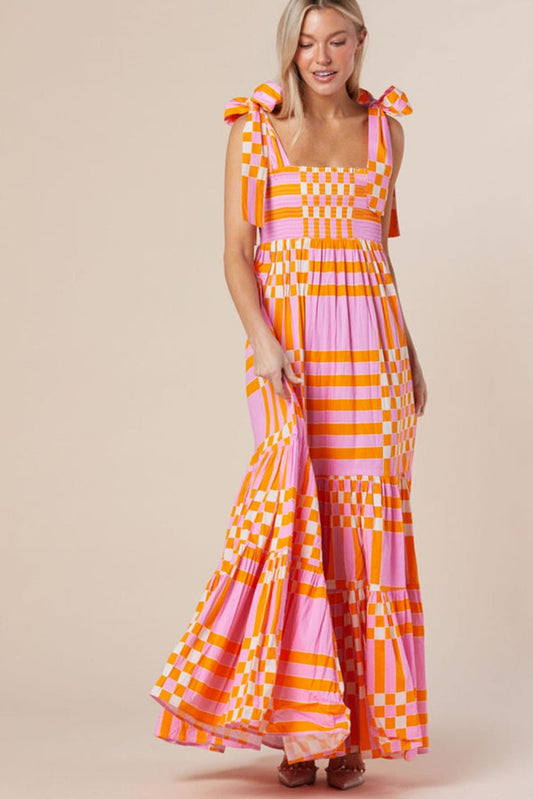 Aurora - Boho Chic Pink Gingham Maxi Dress