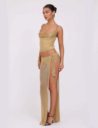 Seraphina - Striking See-Through Maxi Skirt and Cowl Neck Top - Women's