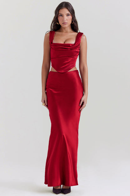 Aurora - Ruby Red Corset and Satin Maxi Skirt Set