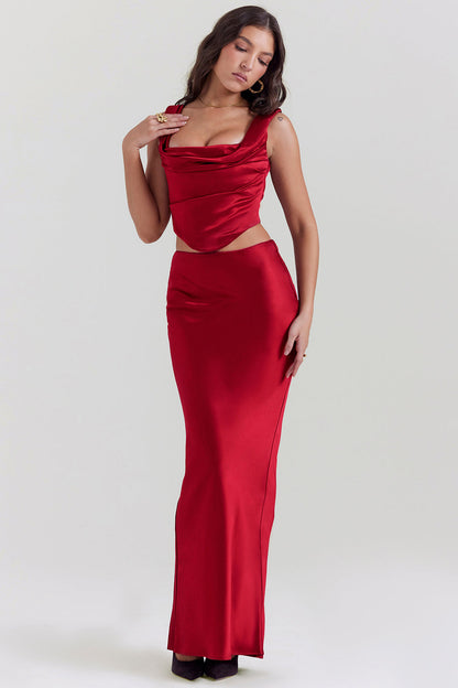 Aurora - Ruby Red Corset and Satin Maxi Skirt Set