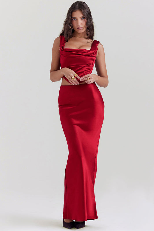 Aurora - Ruby Red Corset and Satin Maxi Skirt Set