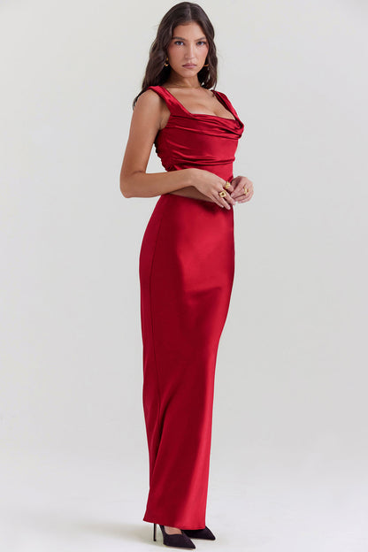 Aurora - Ruby Red Corset and Satin Maxi Skirt Set