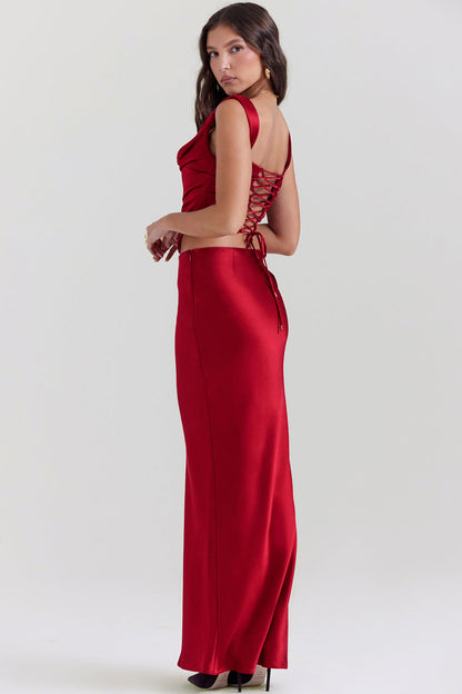 Aurora - Ruby Red Corset and Satin Maxi Skirt Set