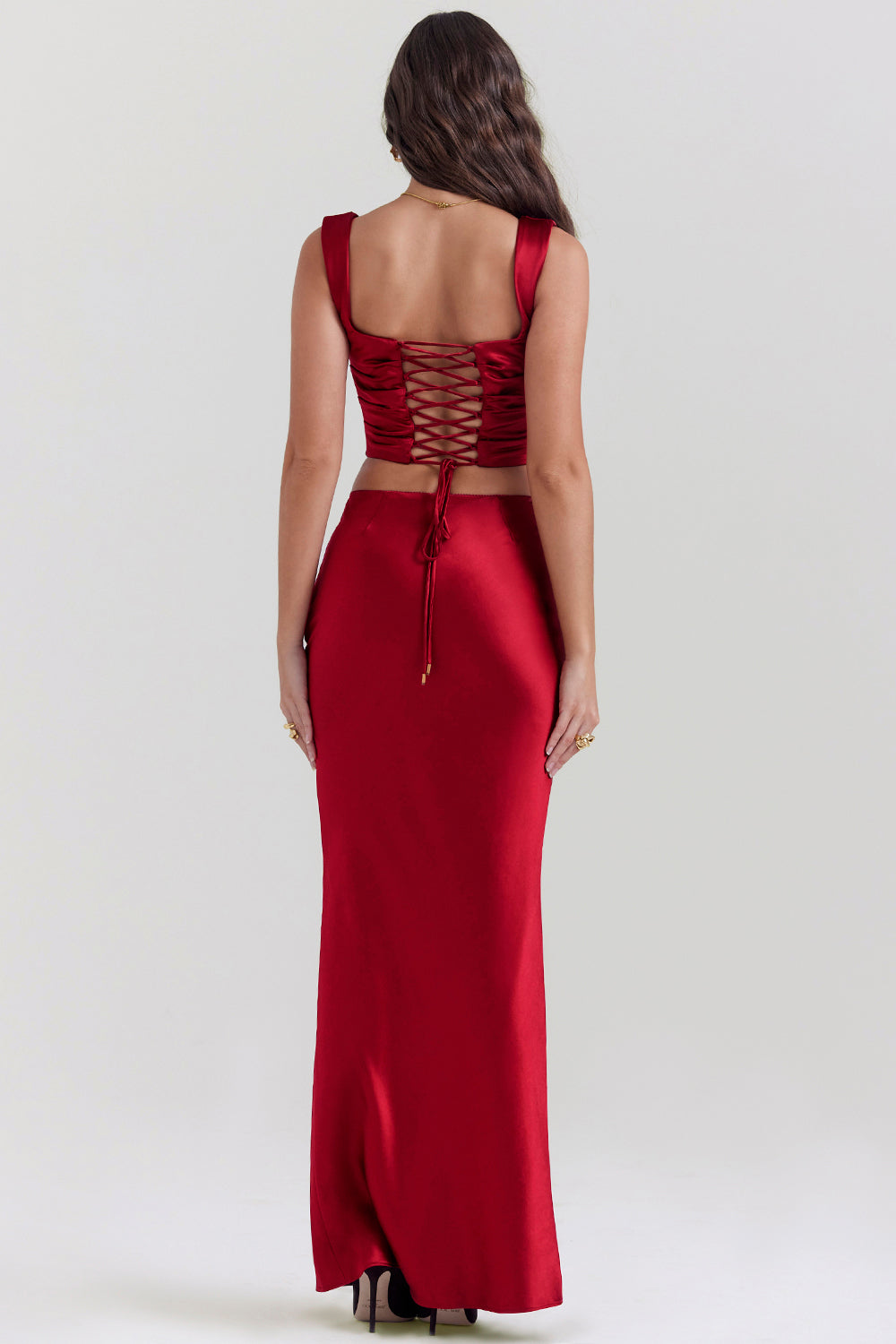 Aurora - Ruby Red Corset and Satin Maxi Skirt Set