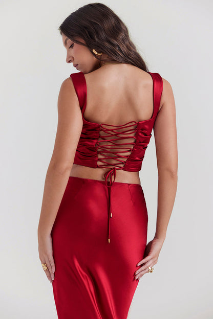 Aurora - Ruby Red Corset and Satin Maxi Skirt Set